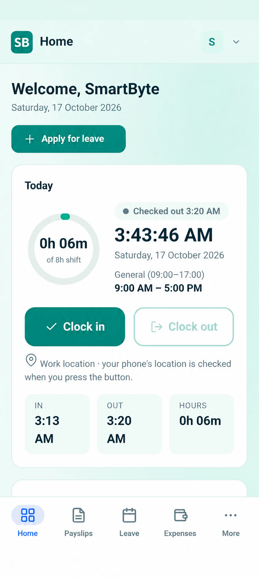 SmartByte employee self-service mobile app with attendance and leave controls